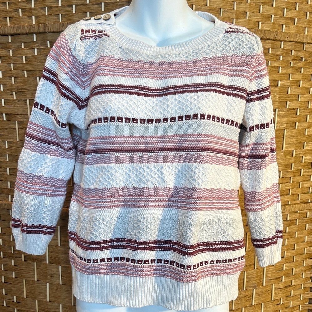 Mantaray Knit Sweater Fair Isle Button Shoulder Stripe Cotton US 8